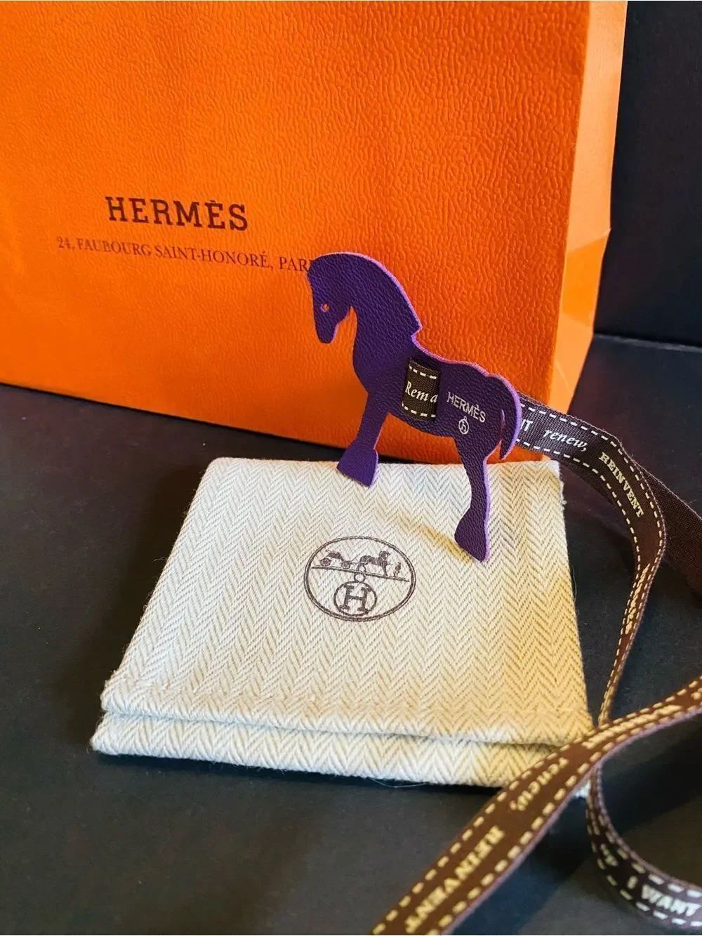 🛍️Hermès Authentic Petit H Purple Leather Horse Bag Charm with Hermes Ribbon